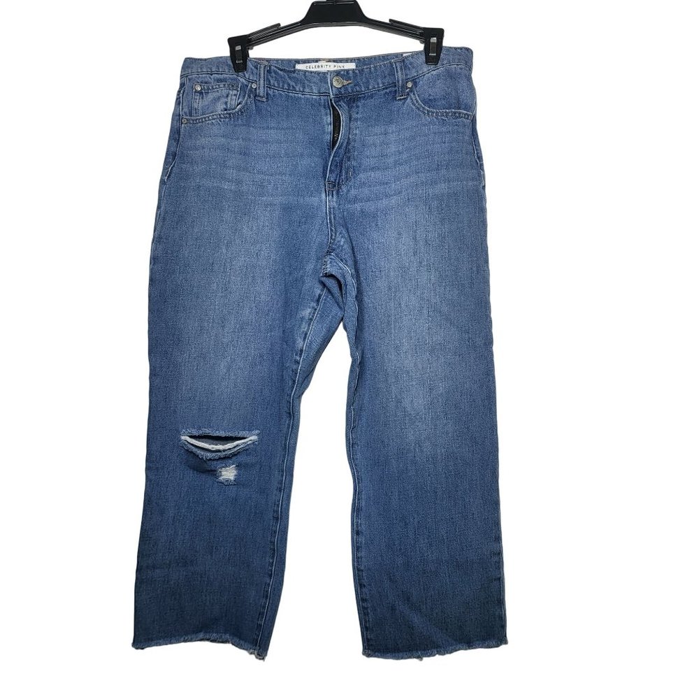 Celebrity Pink Women's Crop Raw Hem Distressed Denim Blue Jeans Size 11/30‎